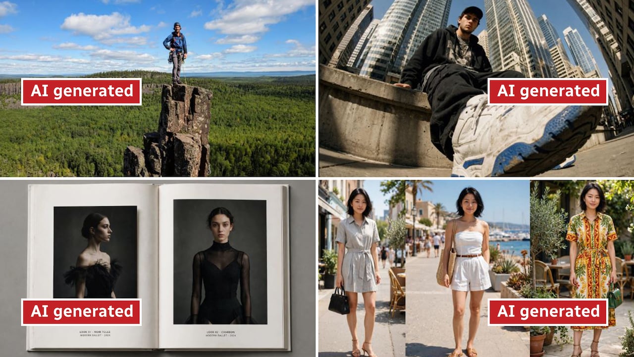 A composite of four different images of people that have had various AI generated effects applied to them, with a red label and white text reading "AI generated" over each photo.