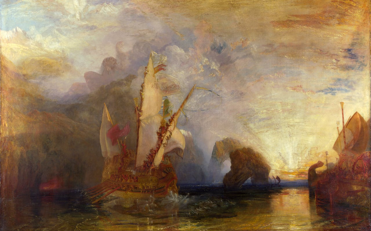 A richly decorated ancient ship sails through dark water beneath a glowing, turbulent sky, while other vessels and rocky islands recede into the distance.