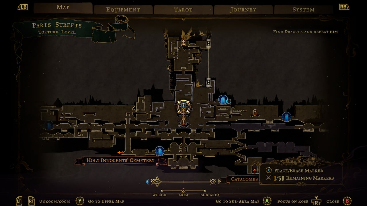 Video game screenshot of a map of paris, showing buildings and corridors in a grid-like schematic.