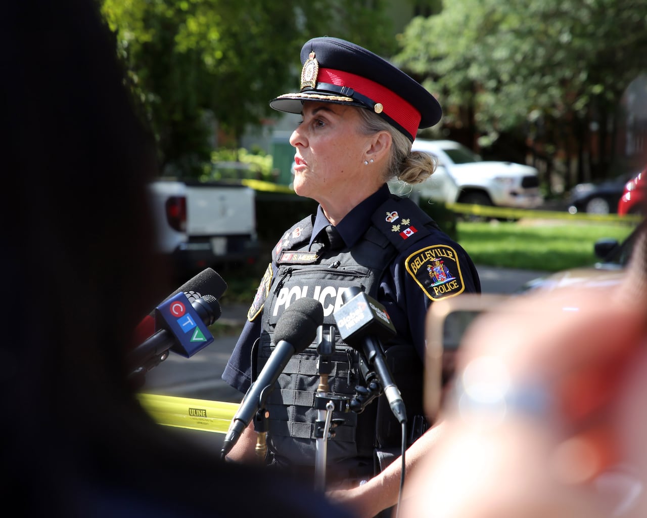Sheri Meeks, deputy chief of the Belleville Police Police speaks to media in Belleville, Ontario on Monday Sept. 21, 2026. A man armed with a shotgun allegedly opened fire at a police officer stationed outside a synagogue in Belleville, Ont., on Sund