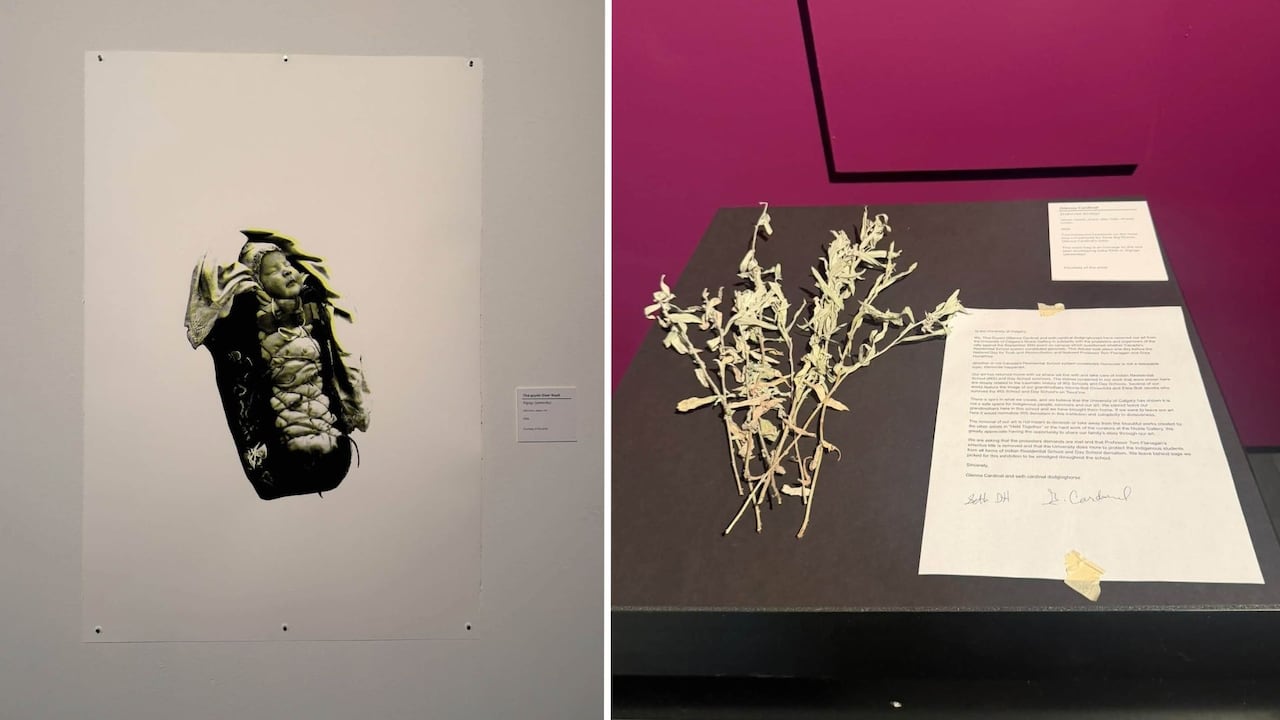 On the left, a silk screen print of a baby in a carrier. On the left, a piece of sage next to a letter on a table.