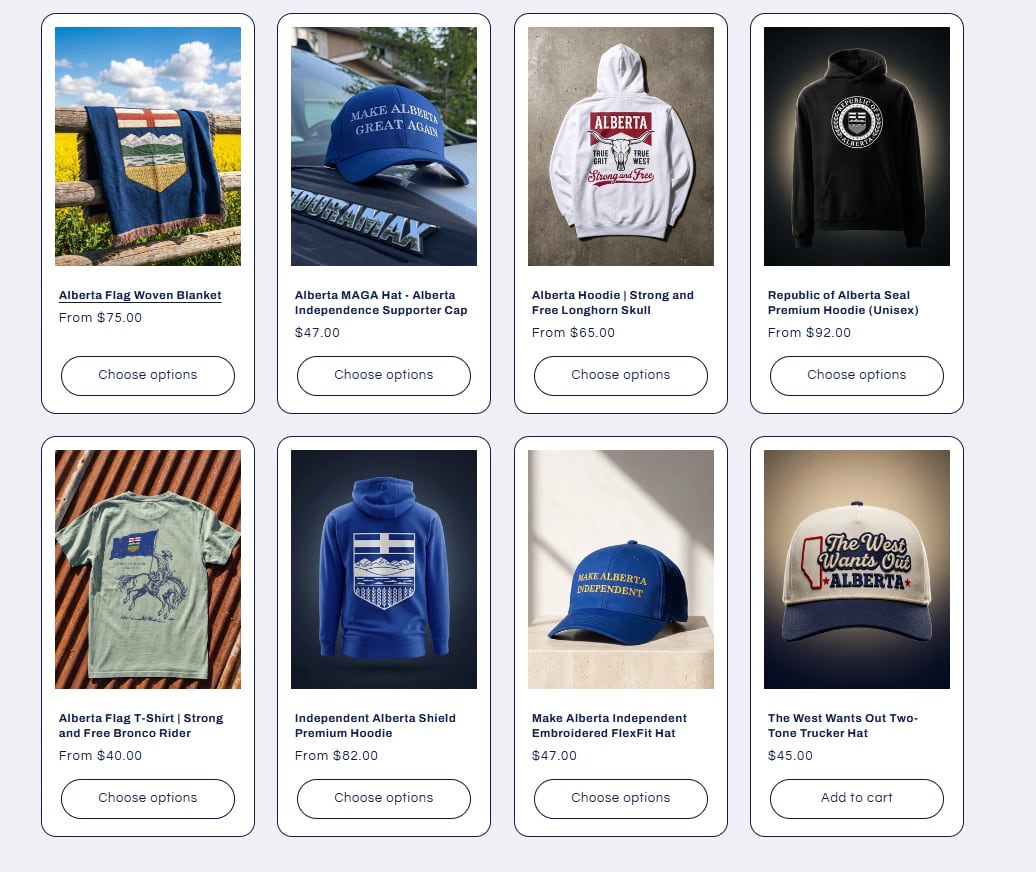 Screengrab of a website showing Alberta-branded hoodies, hats and blankets for sale.
