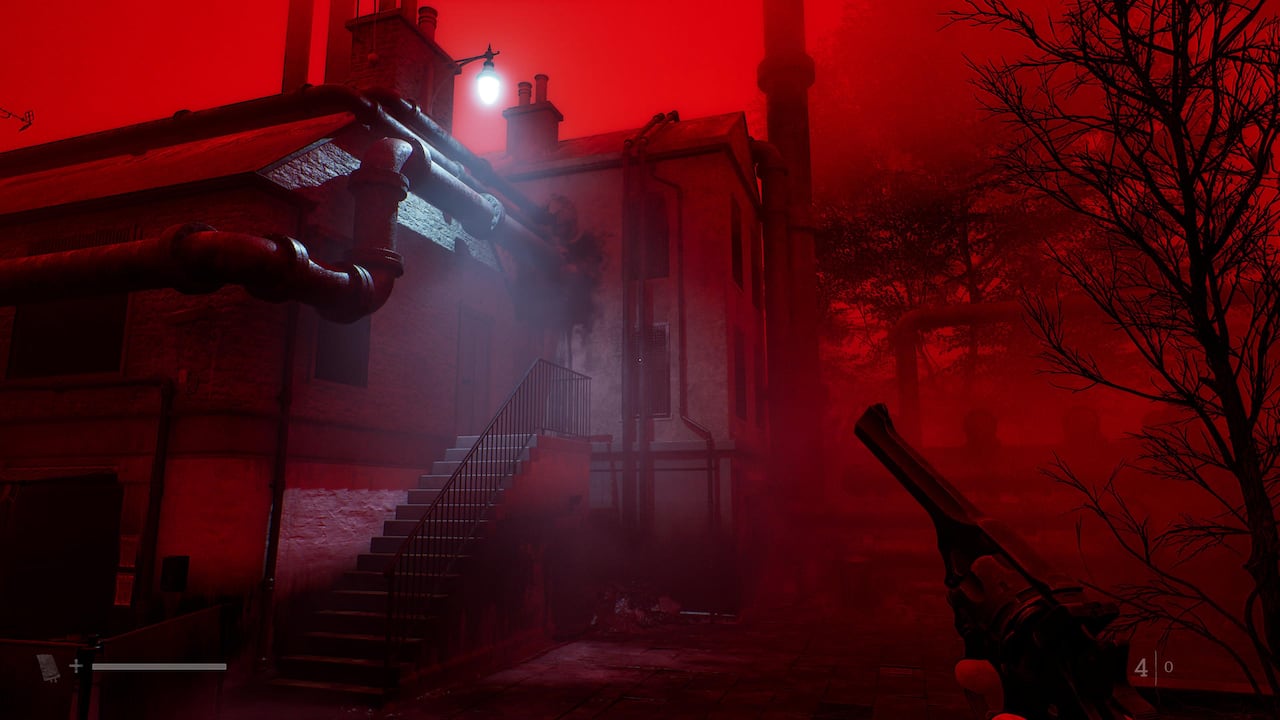 Video game screenshot of a house covered in black iron pipes. Dark red light is shining through from the sky.