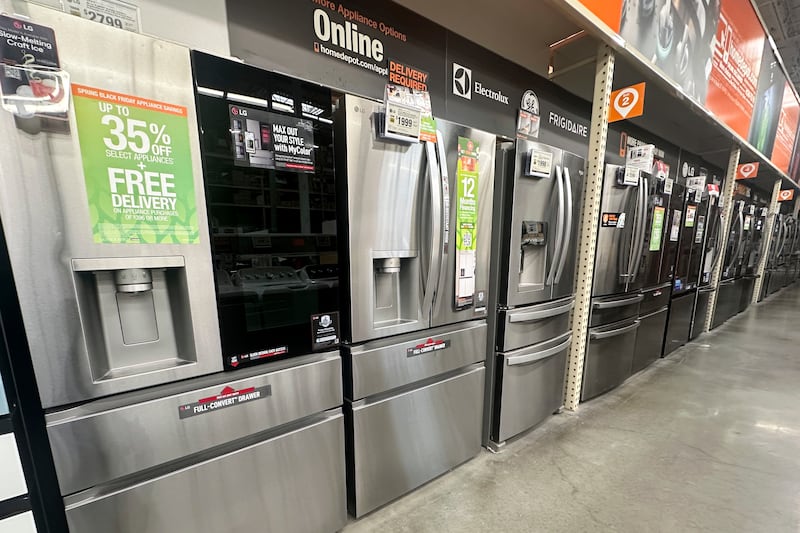 Refrigerators are displayed at a Home Depot store in Orlando, Fla., on April 17, 2025. (John Raoux / AP Photo)