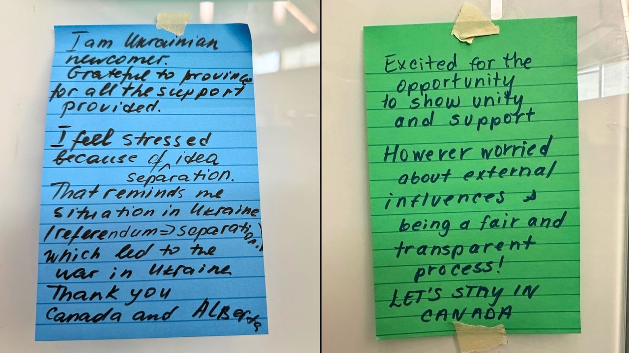 Two hand-written notes sharing thoughts from Albertans.