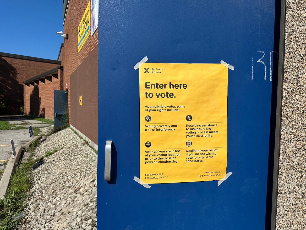 Voting sign on door of polling station in Scarborough Southwest.