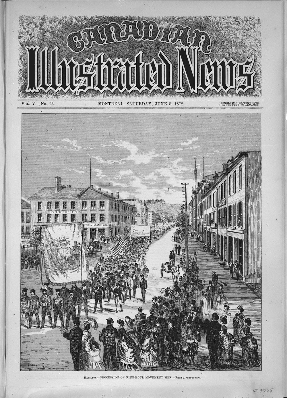 The front page of an old newspaper shows a drawing of a very large group of people marching down the street while a large crowd stands on the sides and watches.
