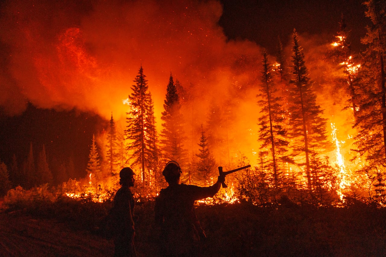 Silhouettes of two men against illuminated smoke and fire in a forest
