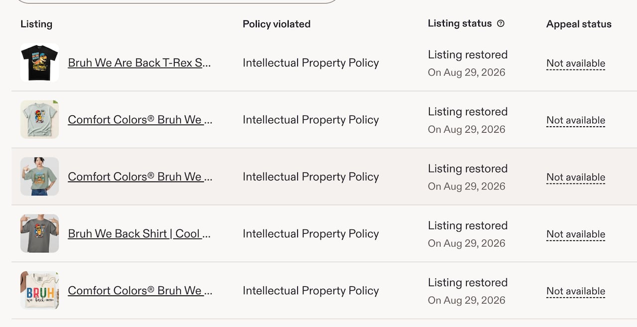 a screenshot of T-shirt listings taken down by etsy
