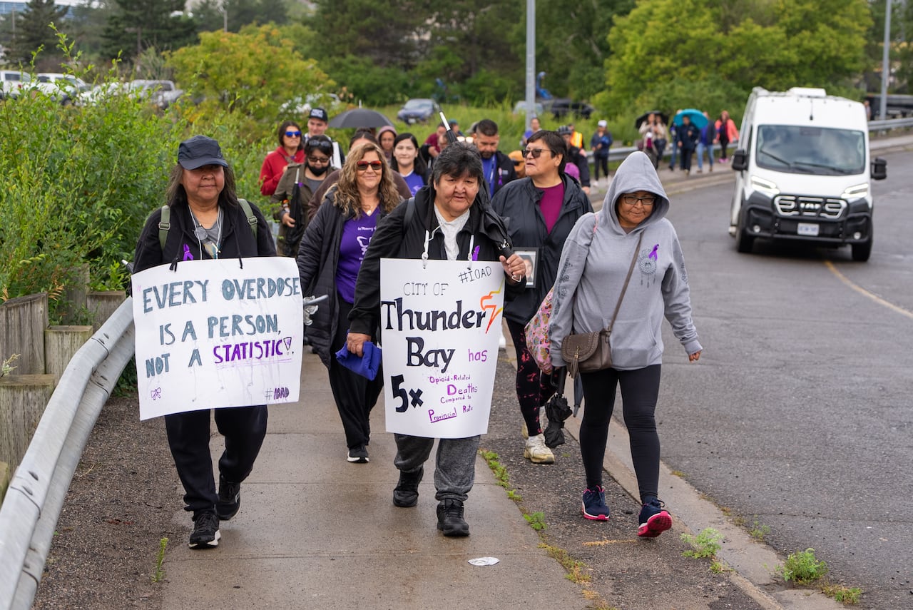 A group of people holding signs is seen walking uphill.