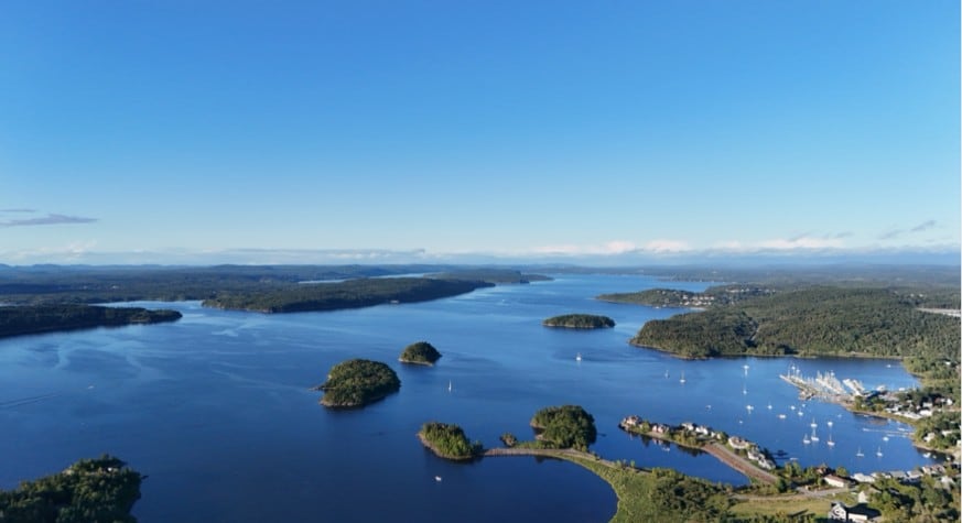 A high up view of a river with lots of boats in the right part of the water