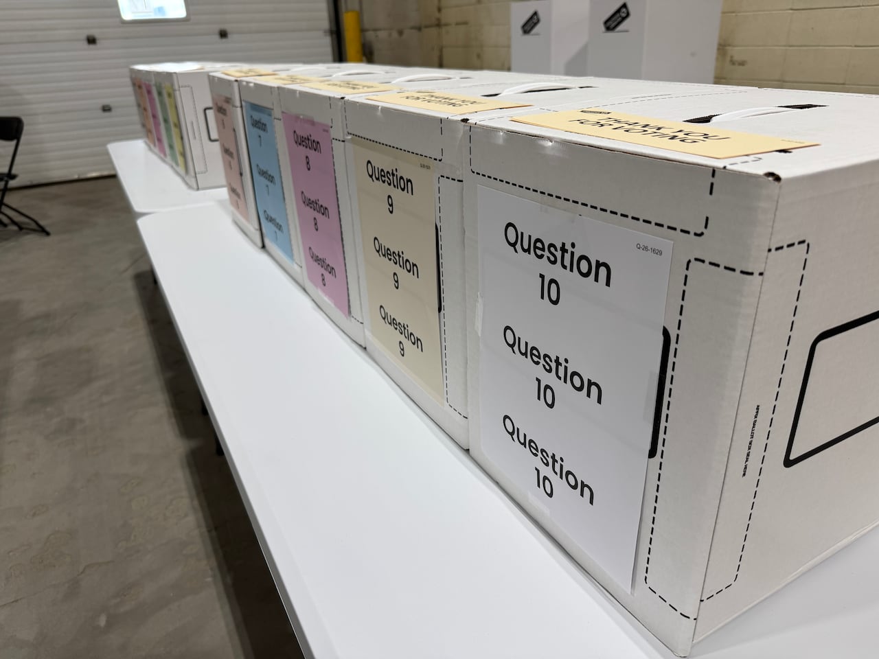 Mock-up ballot boxes, election polling station signs and stickers for the Alberta referendum.