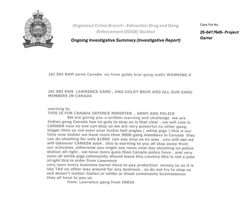 Letter from Bishnoi gang to Abbotsford Police