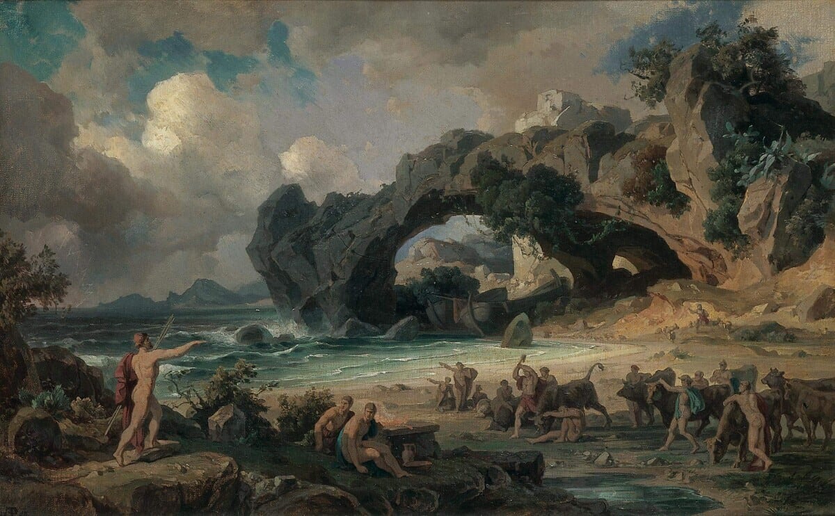 A rocky coastal landscape with a natural stone arch above the sea. Odysseus's companions gather and slaughter cattle on the shore while another figure gestures toward them from the left.