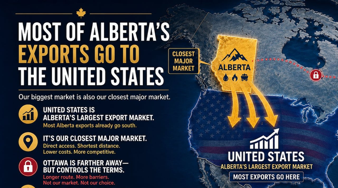 AI-generated map image of an oversized Alberta with large arrows shooting straight down to United States.