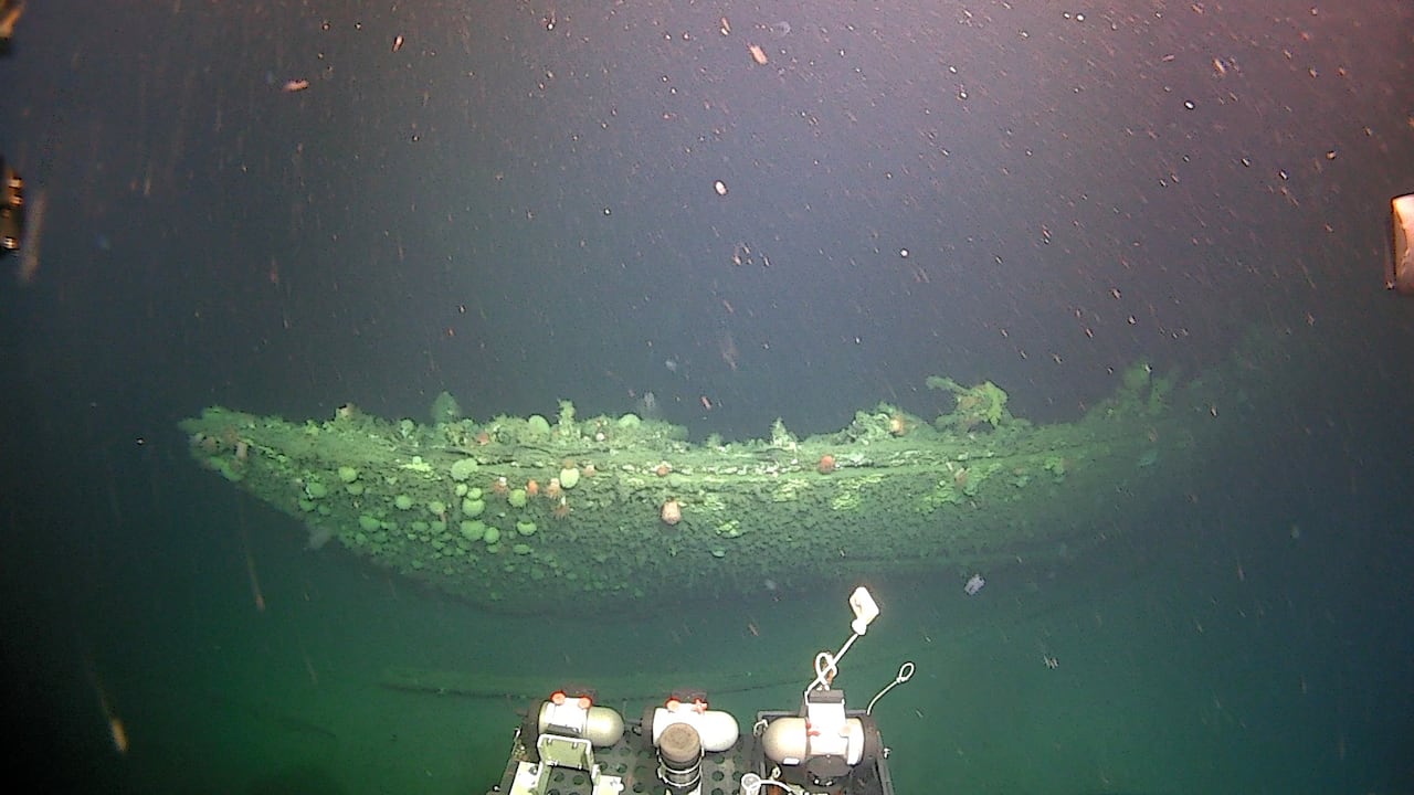 An underwater picture showing part of a shipwreck.