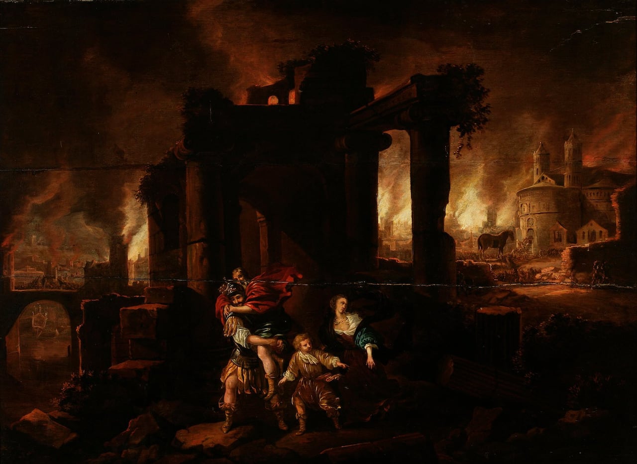 Aeneas carries his father from the ruins of Troy as a woman and child follow, while the city burns beneath a smoke-filled night sky and the wooden horse stands in the distance.