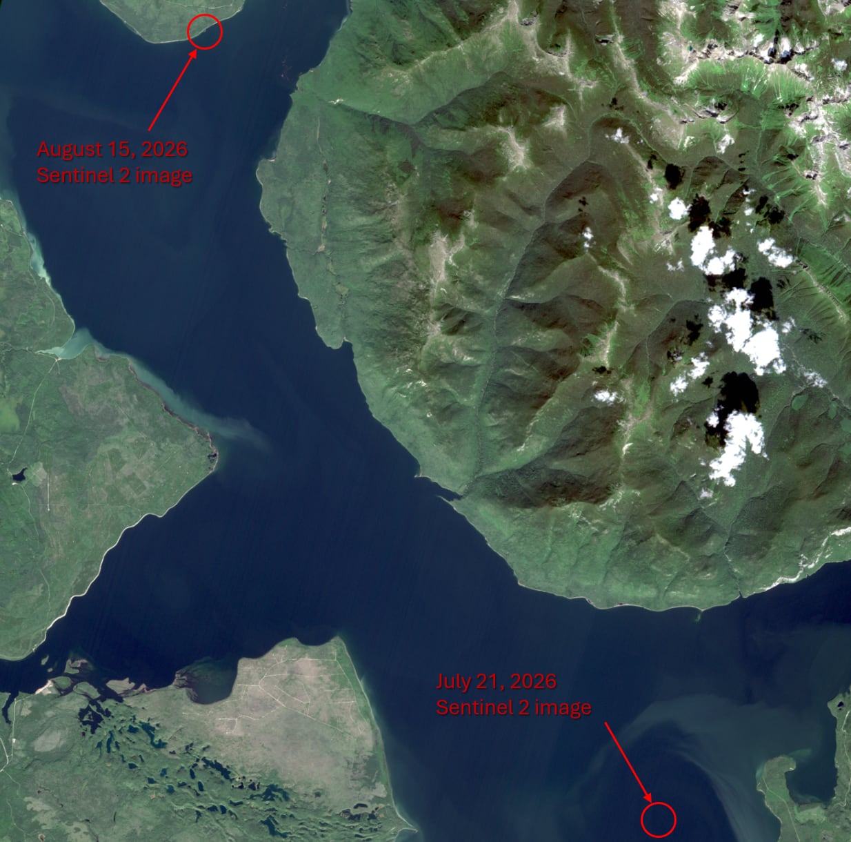 satellite view of rugged green islands, dark blue water channels and red circles/arrows marking Sentinel-2 images dated July 21 and August 15, 2026