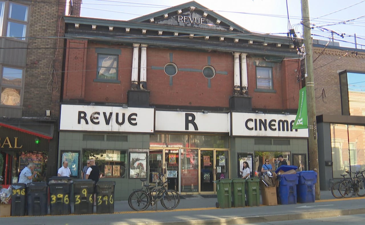 An exterior shot of the front facade of the Revue Cinema on Roncesvalle Avenue in Toronto on June 27, 2024.