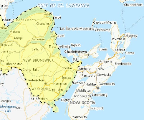 A map of New Brunswick shaded yellow