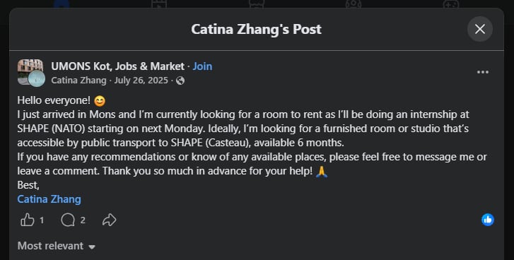 Facebook帖子显示张女士表示她刚到蒙斯，正在为北约实习寻找房间出租。