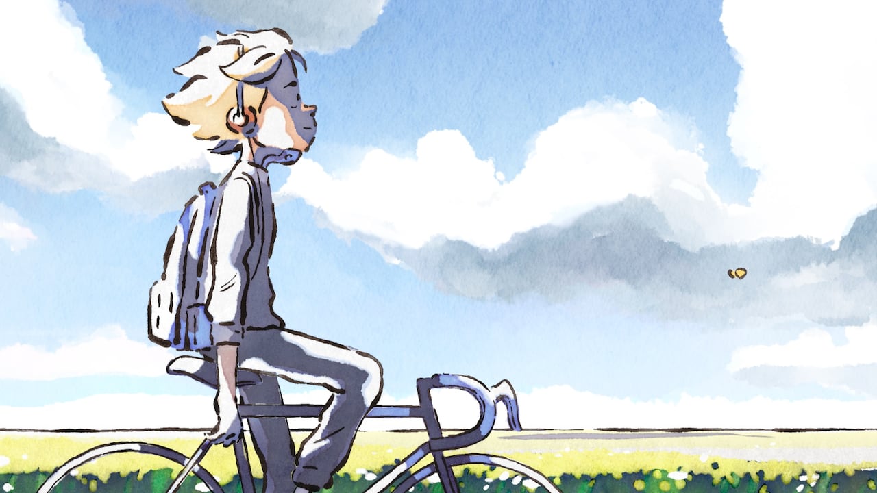 An animated image of a boy on a bicycle with a back brace is shown.