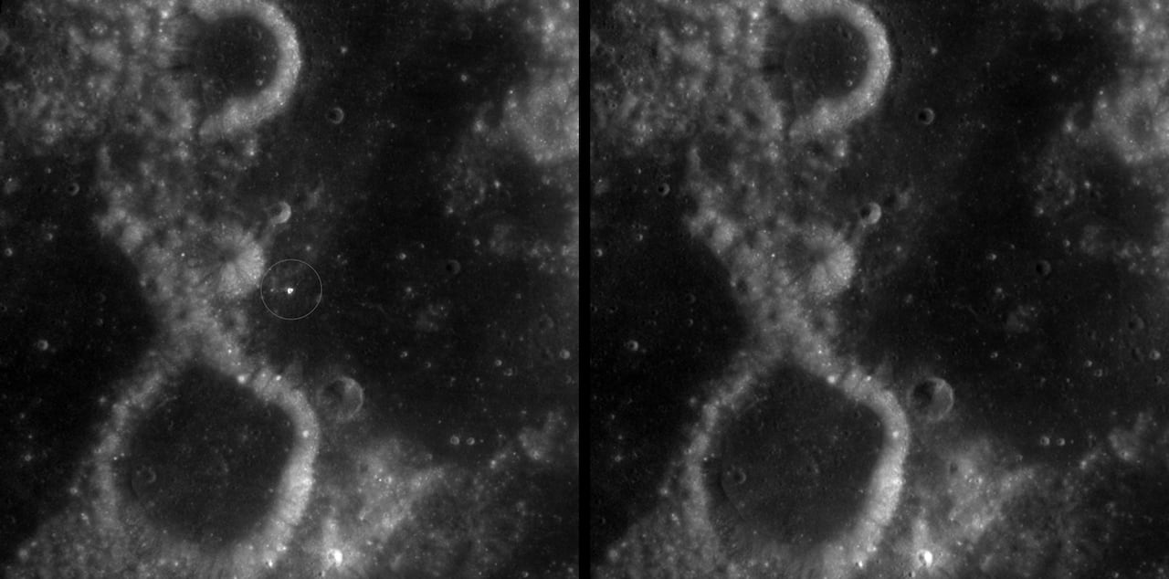 Two side-by-side images show the surface of the moon with and without the crater.
