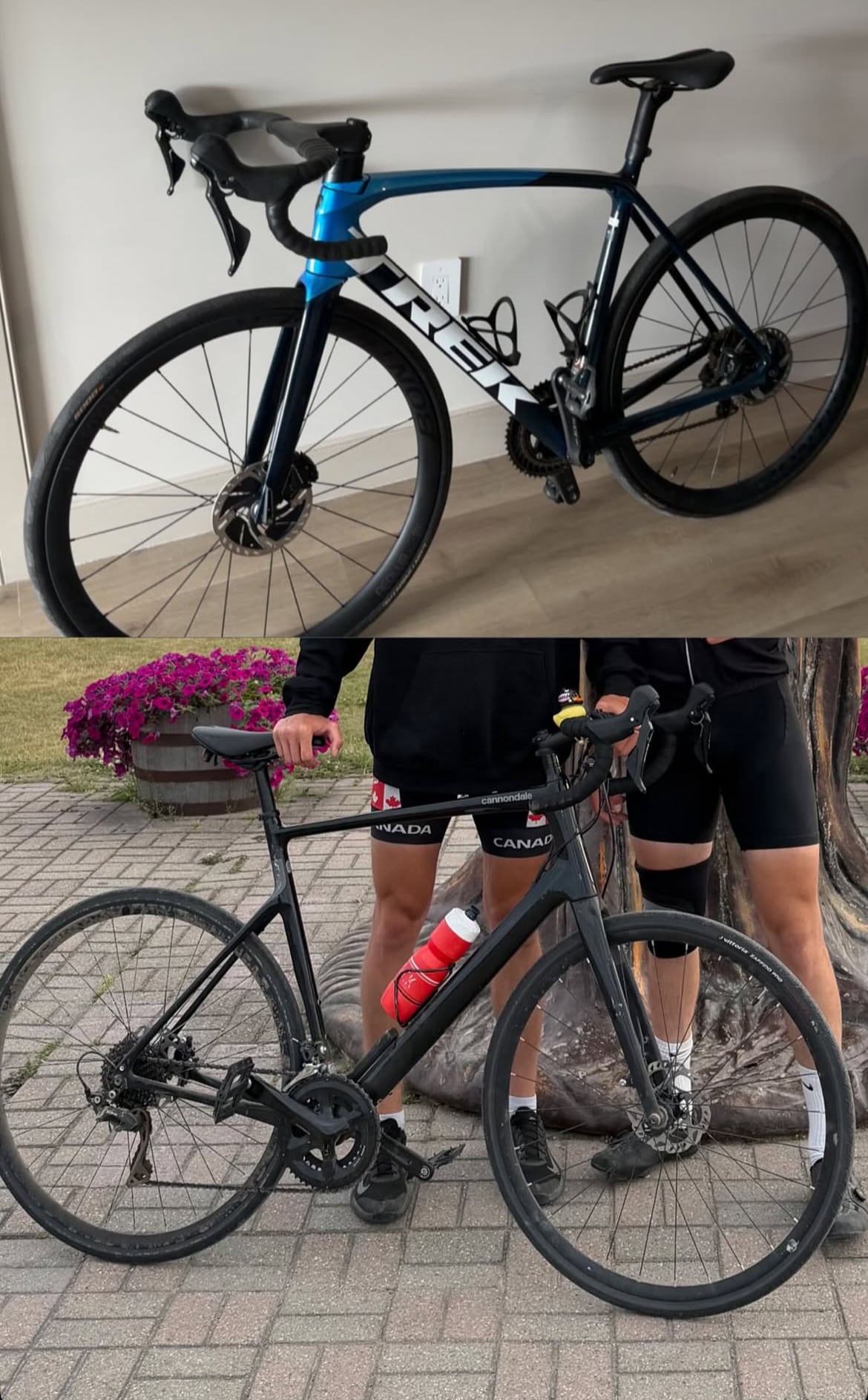 Two images of bicycles. One image on top shows a blue and black bike, and the one at bottom is an all black bike.