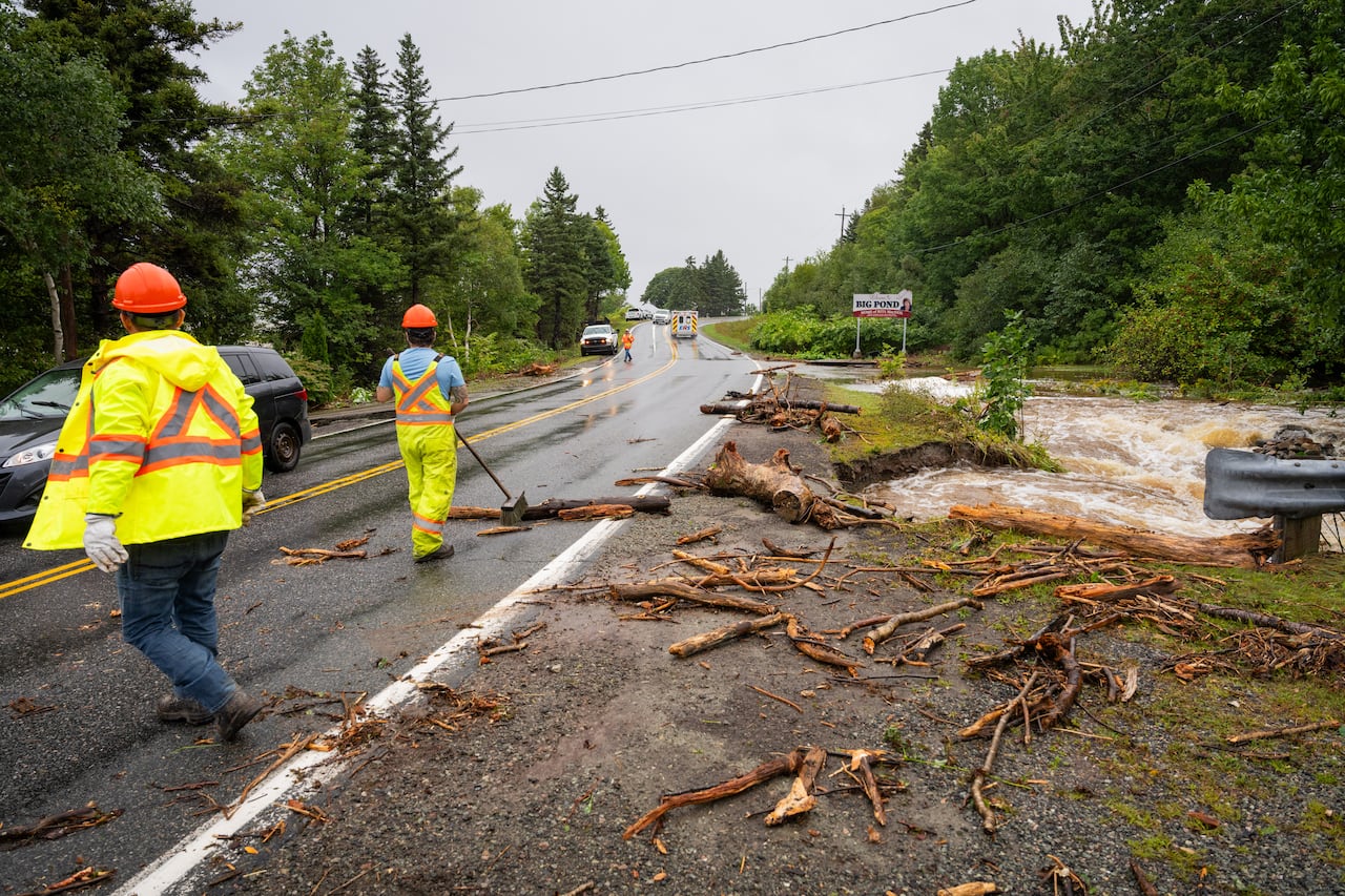 工作人员清理风暴后路面废弃物
