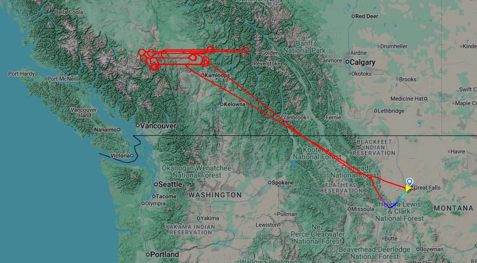 A flight path map showing an aircraft departing from Montana and doing many loops in the B.C. Interior.