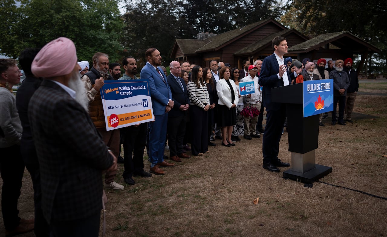 Premier David Eby announces a health care plan to recruit health workers from U.S. at Peace Arch Provincial Park in Surrey, British Columbia, on Wednesday, September 23, 2026.