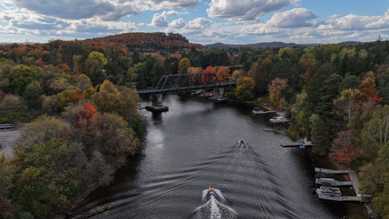 Boats moving along a body of water near a bridge and flanked by trees displaying fall foliage.