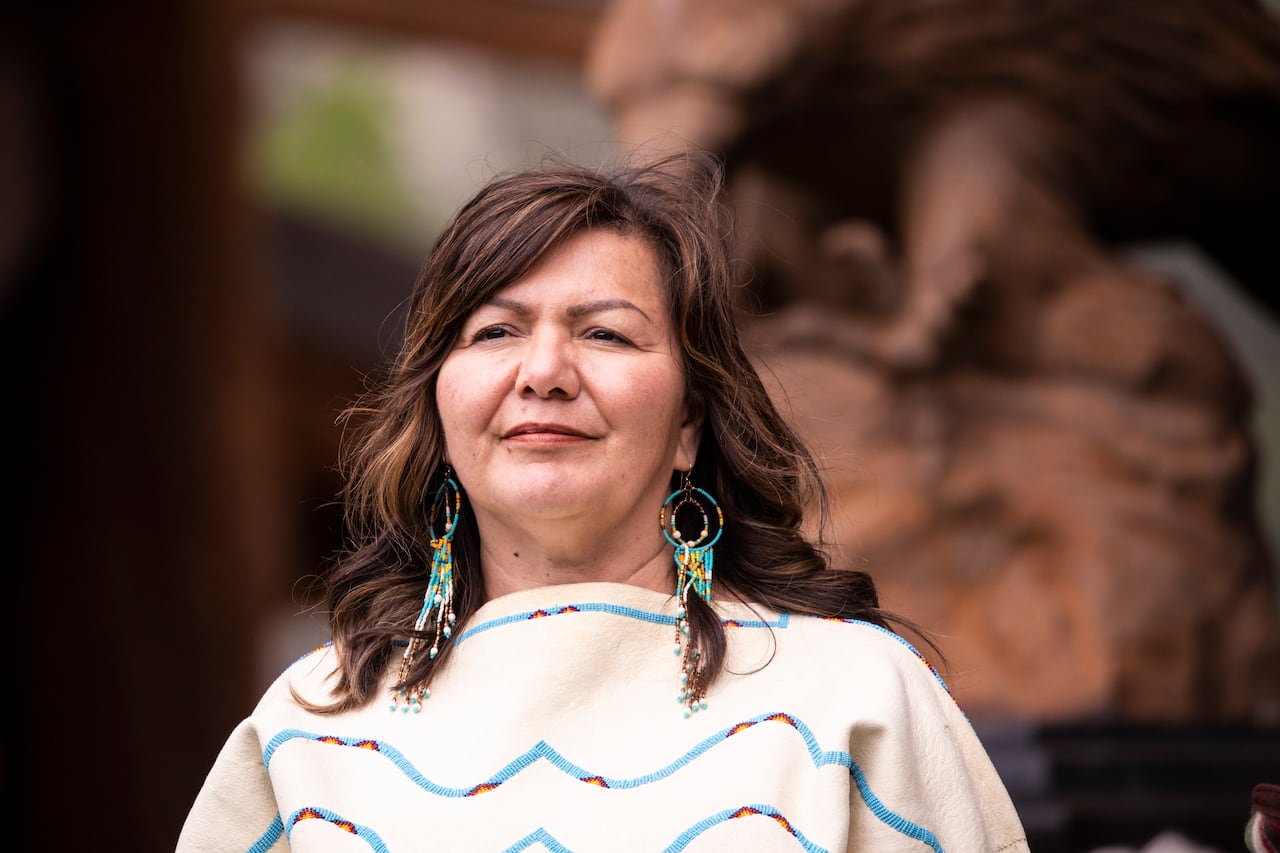 Rosanne Casimir, Chief of the Tk’emlúps te Secwépemc. Is pictured at a memorial marking the one year anniversary of the discovery of potential burial sites at the former Kamloops Indian Residential School in Kamloops, British Columbia on Monday, May