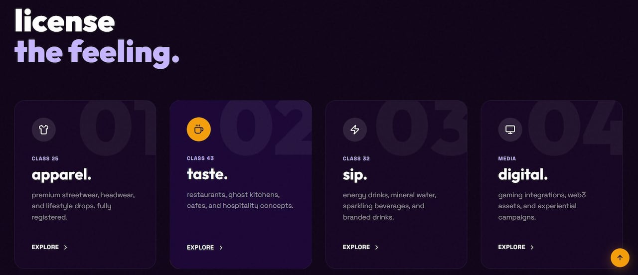 a screenshot of a purple website with white and purple text that says "license the feeling" and  gives options for licensing the term "bruh"