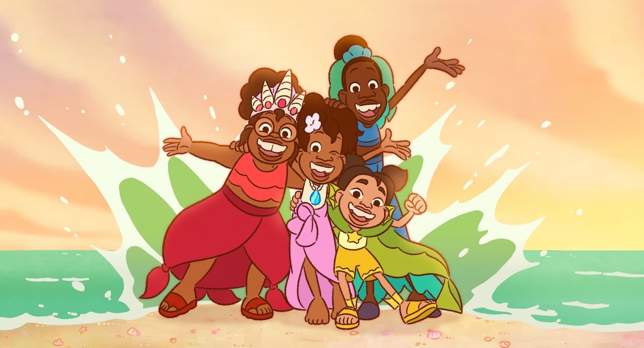 An animated image shows a group of children standing on a beach.