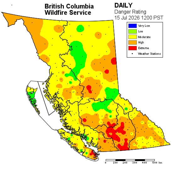A map showing fire danger ratings in B.C.