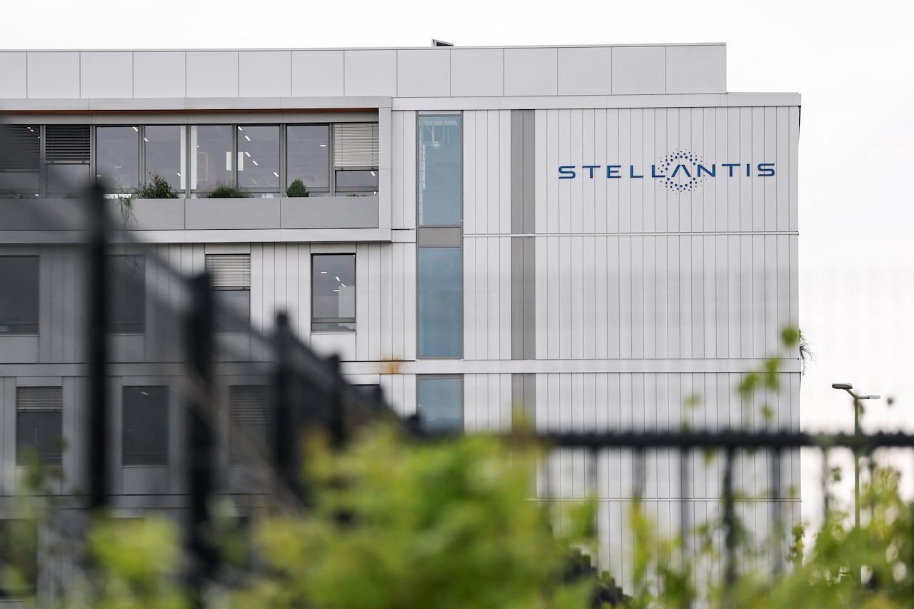A logo on the exterior of a Stellantis office building in Poissy, near Paris, France, May 4, 2026.