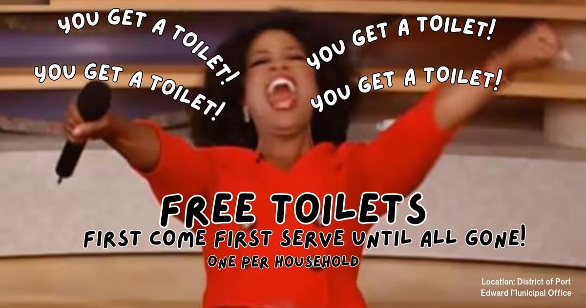 A Black woman is seen with the words 'You get a toilet!' streaming from her mouth, with text on the image indicating a free toilet giveaway in Port Edward.
