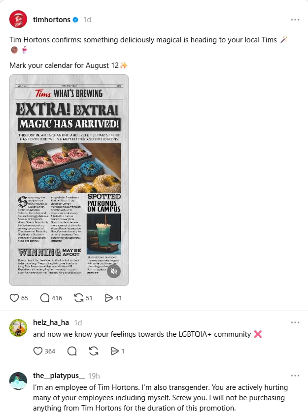 A screen grab of a social media post that says "Tim Hortons confirms: something deliciously magical is heading to your local Tims. Mark your calendar for August 12.