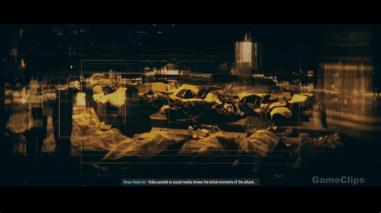 Bodies with tarps laid over them are seen with a black and yellow colour filter on them.