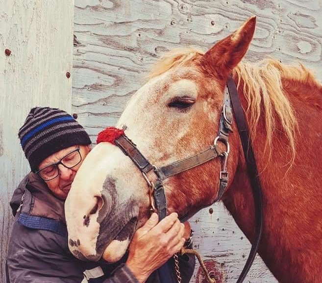 A man nuzzles up to a horse.