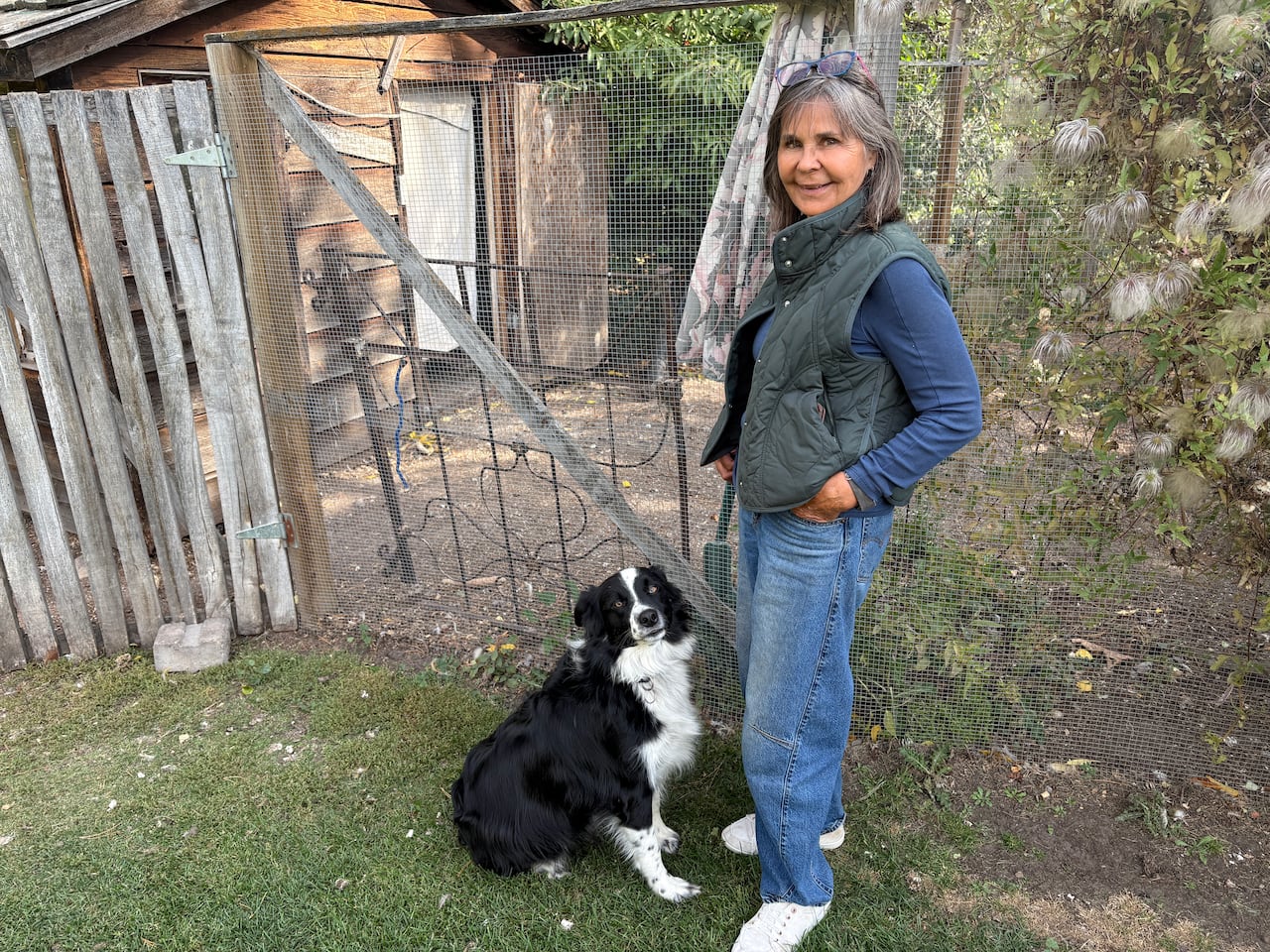 Woman with grey hair and border collie dog