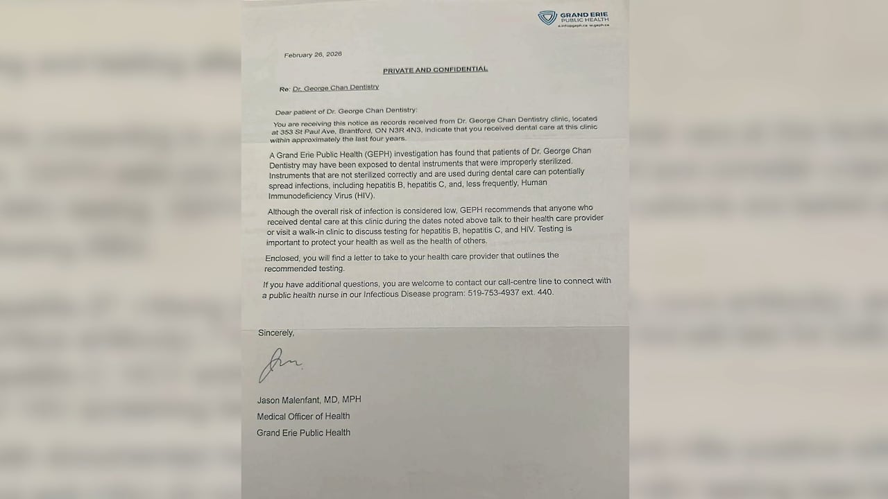 Grand Erie Public Health sent out a letter to former patients of Dr. George Chan Dentistry in mid-March, dated Feb. 26, recommending for patients to get tested for hepatitis B, hepatitis C and HIV.