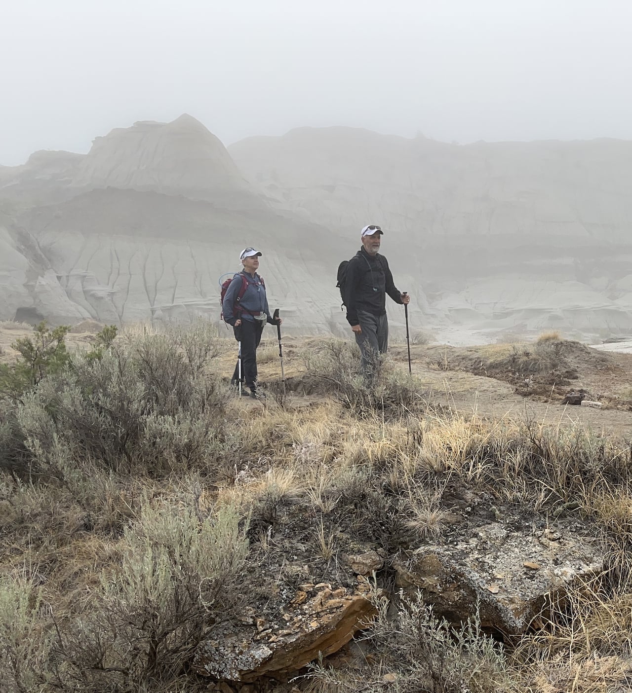 Two hikers carrying backpacks and trekking poles walk through a foggy, rugged landscape.