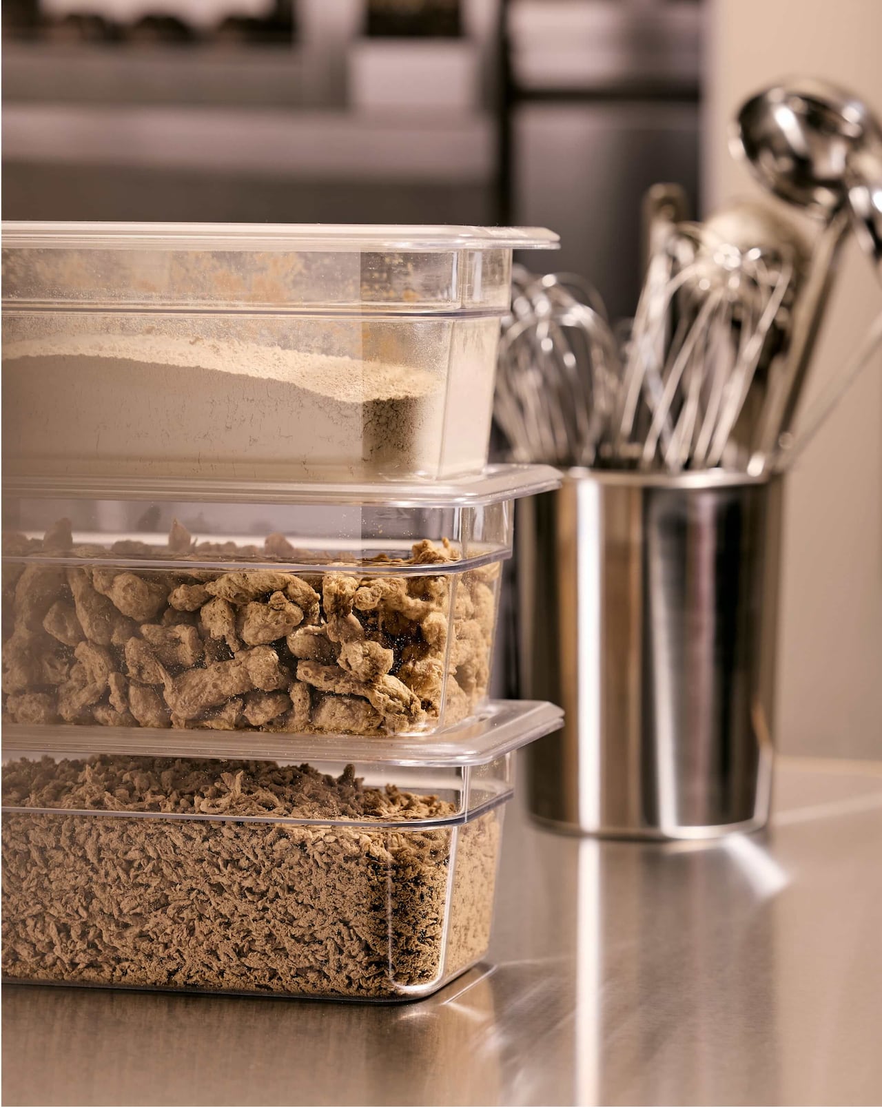 Containers of dried mushrooms.