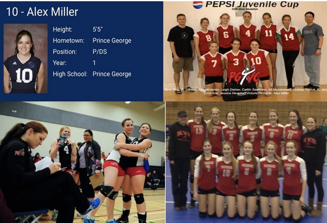 A collage of photos of a woman playing and coaching volleyball.