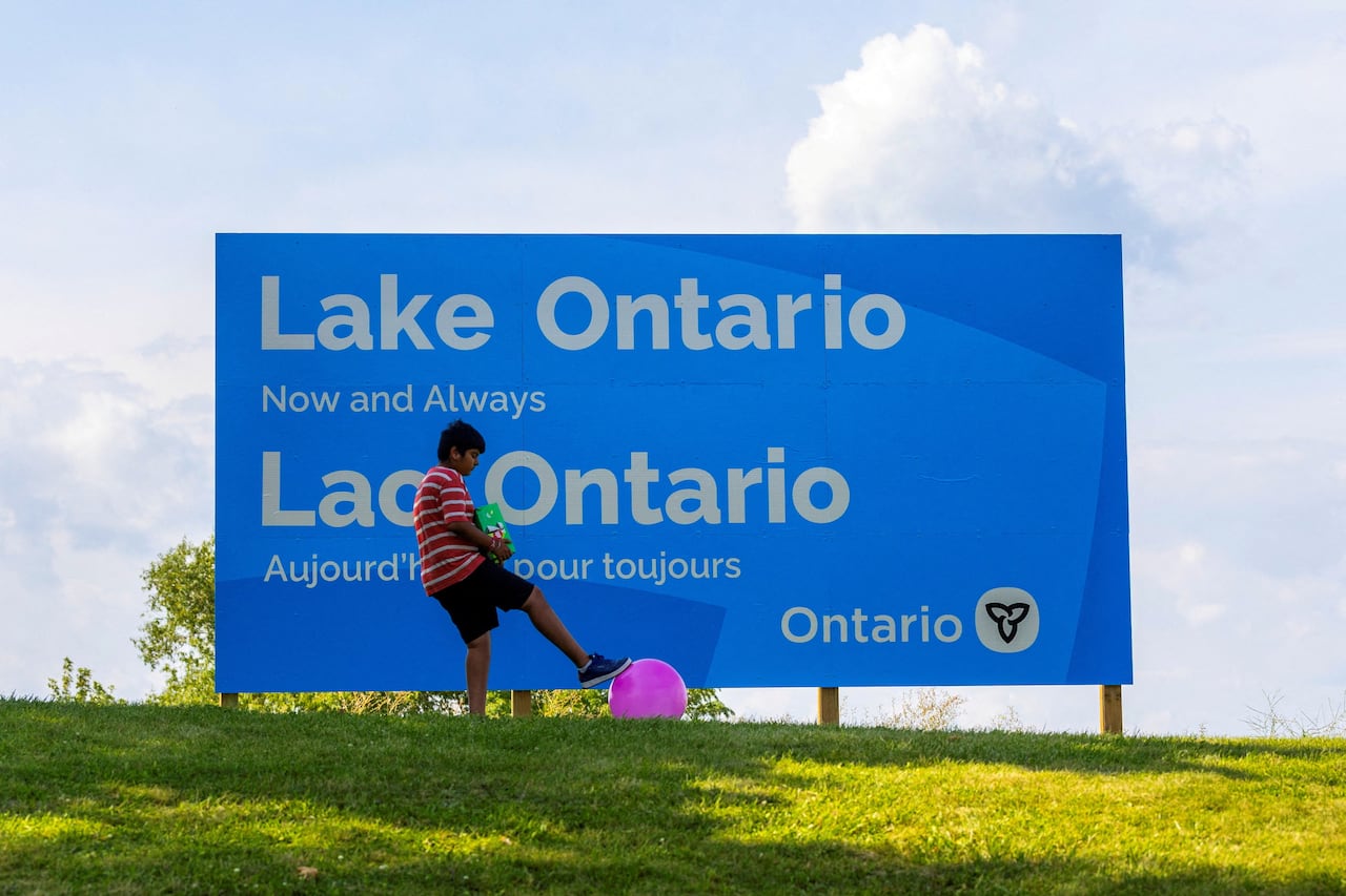 A big blue sign that says Lake Ontario, now and always