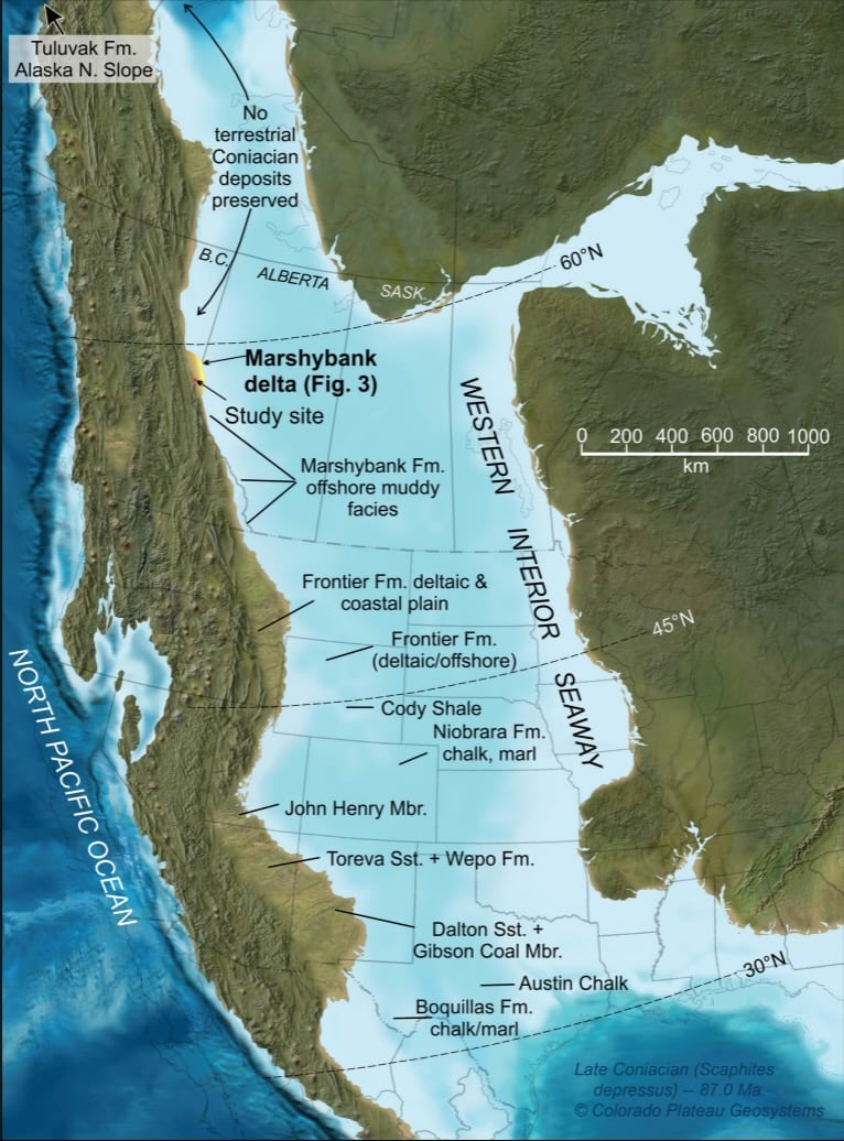 西部内陆海地图，显示Tumbler Ridge作为古海岸线的位置