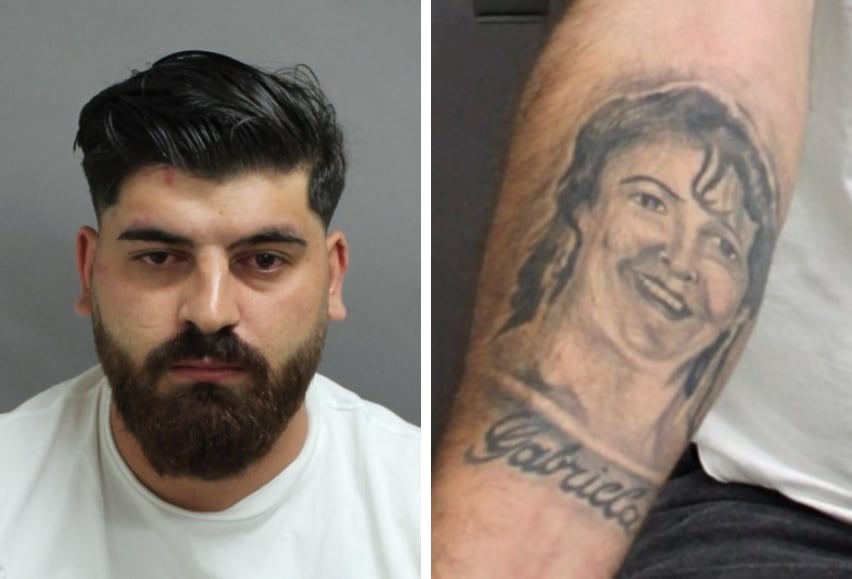 Left is an image of a man with black hair and beard and a white shirt. Right is an image of a faint, black tattoo of a person with long hair and black letters reading "Gabriela."