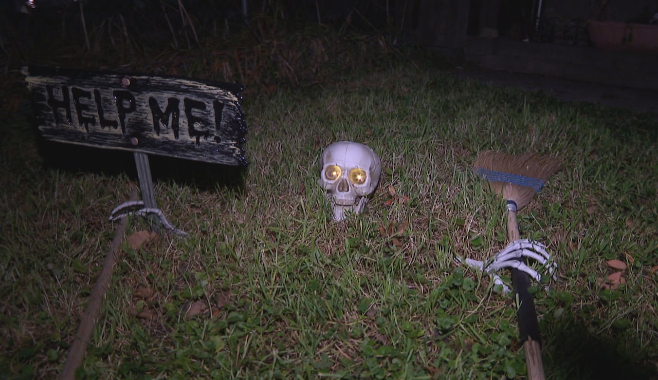 A skeleton skull and hands in a yard display.